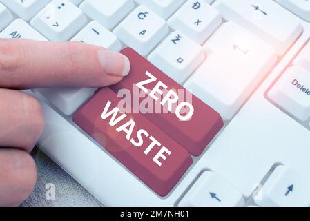 Textunterschrift „Zero Waste, Conceptual Photo Industrial Responsibility“ umfasst Kompostierung, Recycling und Wiederverwendung Stockfoto