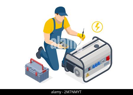 Isometrischer Servicetechniker, der den Dieselstromaggregat repariert oder justiert. Tragbarer elektrischer Stromerzeuger, industrieller Dieselgenerator. Standby Stock Vektor