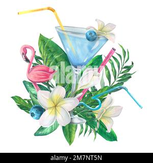Alkoholischer Cocktail mit tropischen Blättern, Blumen und rosa Flamingo. Aquarelldarstellung. Komposition aus der Sammlung STRANDBAR. Zur Dekoration Stockfoto