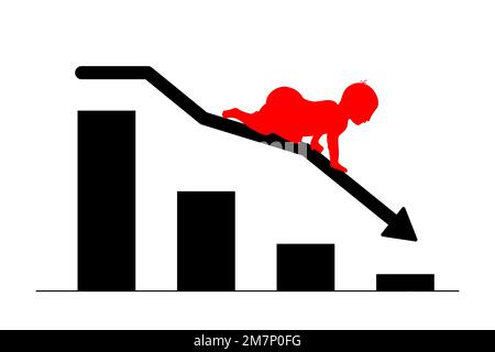 Geburtenrate sinkt und sinkt. Symbol für demografischen Rückgang. Baby krabbelt in einer absteigenden Akte. Vektordarstellung Stock Vektor