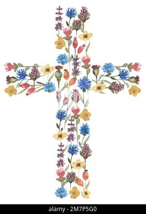 Aquarell handbemalte Wiesenblumen Cross Clipart, Ostern religiöses Kreuz mit Feldblumen Illustration, Wildblumenbaptismus Cross Clip Art, Holy Stockfoto