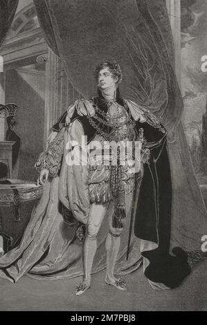 George IV. (1762-1830). König des Vereinigten Königreichs Großbritannien und Irland und König von Hannover (1820-1830). Porträt. Gravur von Cabasson und J. Quartley nach T. Lawrence. „Los Heroes y las Grandezas de la Tierra“ (die Helden und die Grandeurs der Erde). Volumen VI. 1856. Stockfoto