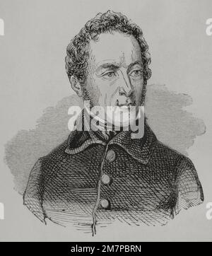 Alphonse de Lamartine (1790-1869). Französischer Dichter und Staatsmann. 1848 wurde er zum Außenminister der Regierung ernannt und wurde vom 24. Februar bis 11. Mai 1848 Präsident einer provisorischen Regierung in der neu proklamierten Zweiten Republik. Nach dem Staatsstreich von Napoleon III. Im Jahr 1851 hat er die Politik aufgegeben. Porträt. Gravur. „Los Heroes y las Grandezas de la Tierra“ (die Helden und die Grandeurs der Erde). Volumen VI. 1856. Stockfoto