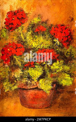 Still Life Acrylgemälde mit roten Geraniumblumen in einer roten Vase. Wunderschönes impressionistisches Blumengemälde. Stockfoto