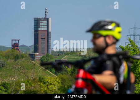 Blick auf den Nordsternpark vom Brammentrail, Mountainbike-Pfad auf der Schurenbach-Slagheap in Essen NRW, Deutschland, Stockfoto