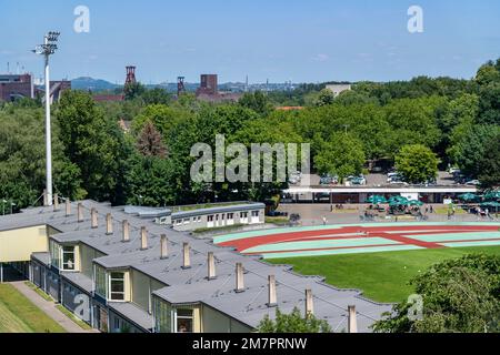 Sportpark am Hallo, Essen-Stoppenberg, Zollverein Coal Mine im Hintergrund, NRW, Deutschland, Stockfoto