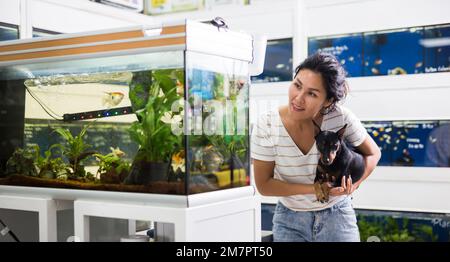 Positive Frau mit Hund in den Armen, die Aquarienfische im Zoofachhandel auswählt Stockfoto