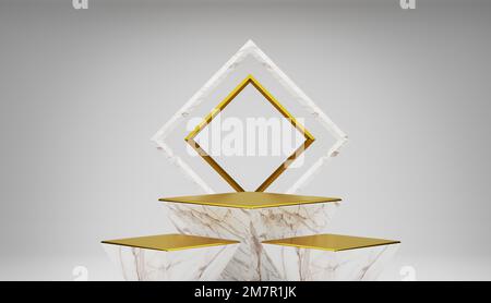 Leerer Podiumhintergrund aus weißem und goldenem Marmor. Stockfoto