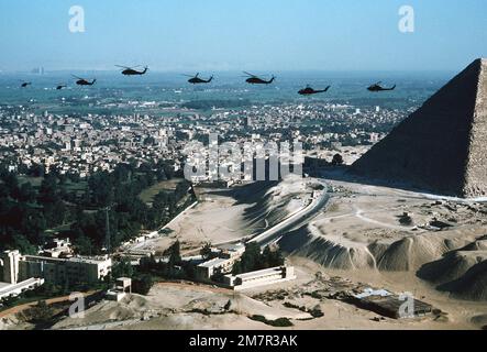 Eine Luft-Luft-Ansicht von links nach rechts von zwei OH-58 Kiowa Hubschraubern, vier UH-60 Black Hawk Hubschraubern und zwei AH-1 Cobra Hubschraubern über der Stadt während der Übung Bright Star '80. Betreff Operation/Serie: BRIGHT STAR '80 Basis: Kairo Land: Ägypten (EGY) Stockfoto