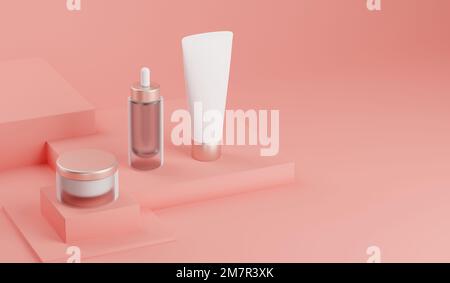 3D-Modell-Kosmetikpaket für die Hautpflege. Weiße Kunststoffflaschen und -Röhrchen, rosafarbene Kappen auf leuchtend rosafarbenem Hintergrund. Vorlage für Markenidentität Stockfoto