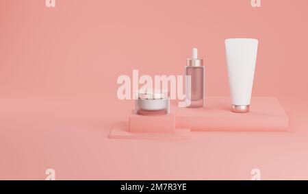 3D-Modell-Kosmetikpaket für die Hautpflege. Weiße Kunststoffflaschen und -Röhrchen, rosafarbene Kappen auf leuchtend rosafarbenem Hintergrund. Vorlage für Markenidentität Stockfoto