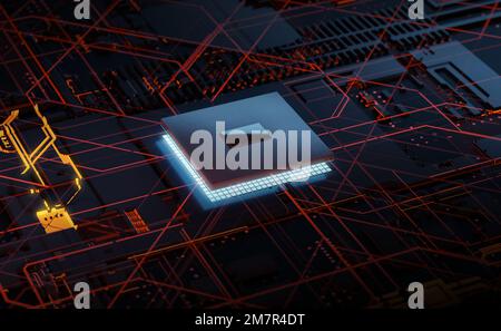 3D Rendering der glühenden Chipsatz-CPU auf der Leiterplatte. Elektronik- und Technologiekonzept. Stockfoto
