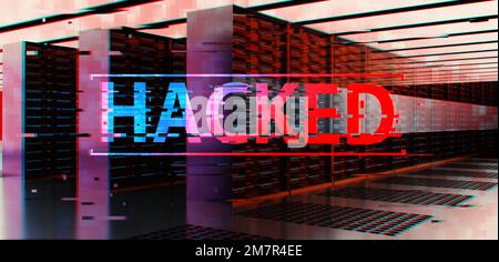 3D-Wiedergabe VON TEXT, der im Serverraum gehackt wurde. Konzept, dass Datenschutzdaten gehackt und durch Internet-Bedrohungen verletzt werden. Stockfoto