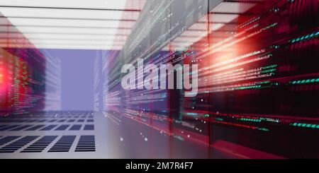 3D-Rendering mit dem Designelement der Programmierungsdaten im Serverraum, Konzept von Big Data mit Computertechnologie. Stockfoto
