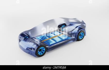 Inside ev car. battery pack rechargeable cells inside. chassis components. 3d Illustration Stockfoto