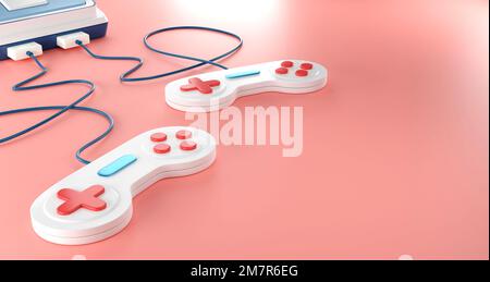 retro-Gamepad mit 3D-Rendering, Hintergrund der Spielkonsole. Gaming-Konzept. Stockfoto