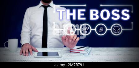 Das Schild zeigt den Aufsatz an. Wort für eine Person, die Kontrolle oder Autorität im Unternehmen ausübt Stockfoto