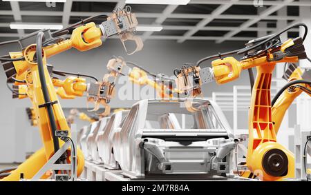 Automobil-Produktionslinie mit Robotern zur Arbeit in intelligenten Fabriken. 3D Abbildung Stockfoto