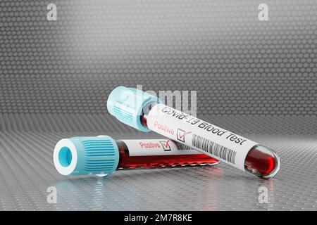 Nachweis des COVID-19-Tests. Reagenzgläser in einer Testkammer mit einer Blutprobe. 3D Abbildung. Stockfoto