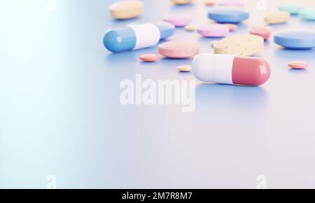 3D-Rendering mehrfarbige Pillen und Kapseln auf dem Hintergrund platziert., Medizinischer Hintergrund Stockfoto