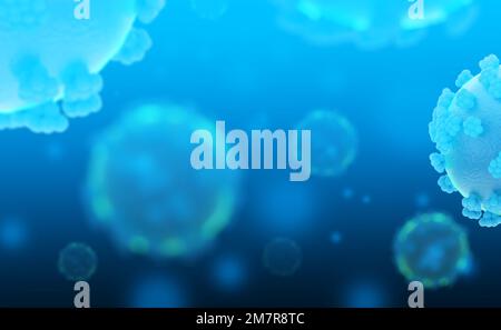 Mikroskopische COVID-19-Viruszellen. Die Ursache von Atemwegserkrankungen, Pandemie-Krisen-Hintergrund, 3D Illustration Stockfoto