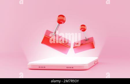 3D-Rendering Floating Game der Duo-Joystick auf dem Smartphone leuchtet auf dem Bildschirm. Mobile Spiele, Technologie der Zukunft Stockfoto