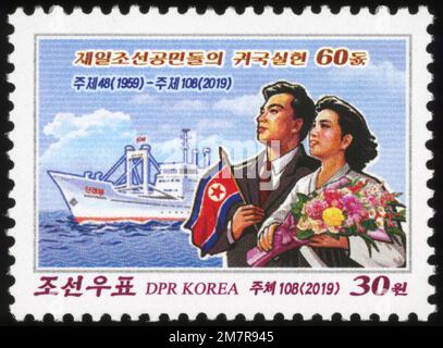 2019 Nordkorea-Stempel. 60. Anniv der Rückführung der koreanischen Einwohner in Japan Stockfoto