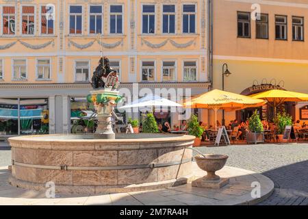 Der breite Brunnen vor dem Rathaus, Bad Langensalza, Thüringer Becken, Thüringen, Deutschland, Bad Langensalza, Thüringen, Deutschland Stockfoto