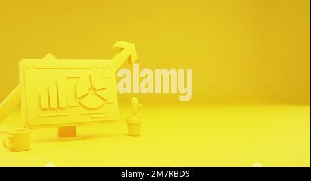 Yellow Desktop teknologische Datenanalyse Konzept. Startseite Hintergrund. Speicherplatz kopieren. 3D Abbildung. Stockfoto