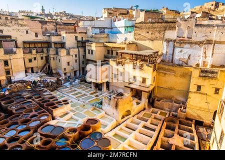 Berühmte Gerberei im sonnigen Fez, Marokko, Nordafrika Stockfoto