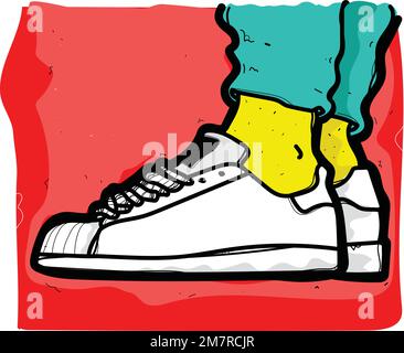 Eine flippige Illustration weißer Turnschuhe, grüner Hosen und gelber Socken auf rotem Hintergrund Stock Vektor