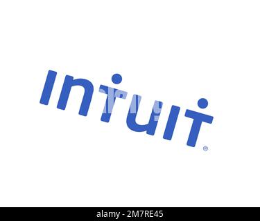 Intuit, gedrehtes Logo, weißer Hintergrund B Stockfoto