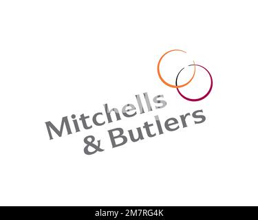 Mitchells & Butlers, Gedrehtes Logo, Weißer Hintergrund Stockfoto