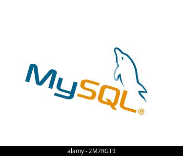 MySQL, gedrehtes Logo, weißer Hintergrund B Stockfoto