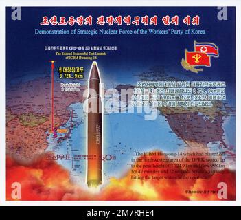 2017 Nordkorea-Stempel. Der zweite erfolgreiche Teststart von ICBM Hwasong-14. ICBM Hwasong-14 Stockfoto