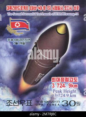 2017 Nordkorea-Stempel. Der zweite erfolgreiche Teststart von ICBM Hwasong-14. ICBM Hwasong-14 Stockfoto