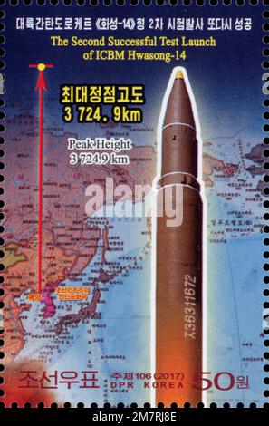 2017 Nordkorea-Stempel. Der zweite erfolgreiche Teststart von ICBM Hwasong-14. ICBM Hwasong-14 Stockfoto