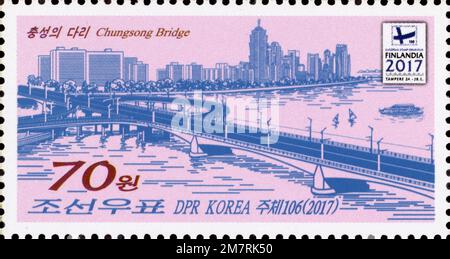 2017 Nordkorea Stempelsatz. Brücken von Pjöngjang. Chungsong-Brücke Stockfoto