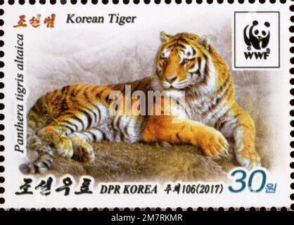 2017 Nordkorea Stempelsatz. Koreanischer Tiger, Panthera tigris altaica Stockfoto