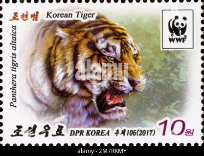 2017 Nordkorea Stempelsatz. Koreanischer Tiger, Panthera tigris altaica Stockfoto