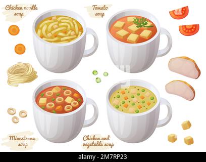 Sammlung von 4 Suppen in einer Tasse Vektorsymbole isoliert auf weißem Hintergrund. Hühnchen und Gemüse, Minestrone, Hühnernudel, Tomatensuppen Sammlung ca. Stockfoto