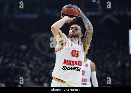 Belgrad, Serbien, 5. Januar 2023. Mike James von AS Monaco spielt beim EuroLeague-Spiel 2022/2023 der Turkish Airlines zwischen Partizan Mozzart Bet Belgrad und AS Monaco in der stark Arena in Belgrad, Serbien, Freiwurf. 5. Januar 2023. Kredit: Nikola Krstic/Alamy Stockfoto