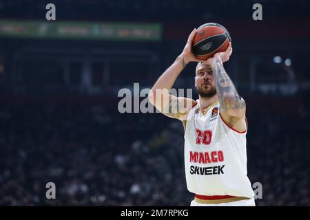 Belgrad, Serbien, 5. Januar 2023. Donatas Motiejunas von AS Monaco spielt während des EuroLeague-Spiels der Turkish Airlines 2022/2023 zwischen Partizan Mozzart Bet Belgrad und AS Monaco in der stark Arena in Belgrad, Serbien, Freiwurf. 5. Januar 2023. Kredit: Nikola Krstic/Alamy Stockfoto