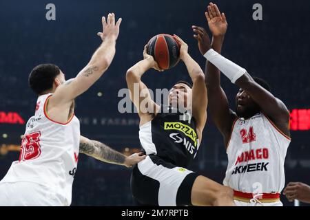 Belgrad, Serbien, 5. Januar 2023. Dante Exum von Partizan Mozzart Bet Belgrad in Aktion unter dem Korb während des EuroLeague-Spiels der Turkish Airlines 2022/2023 zwischen Partizan Mozzart Bet Belgrad und AS Monaco in der stark Arena in Belgrad, Serbien. 5. Januar 2023. Kredit: Nikola Krstic/Alamy Stockfoto