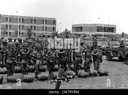 Kampfbereite Marines des Waffenzugs, 8. Marineregiment, Achtung für eine Inspektion durch Verteidigungsminister Caspar W. Weinberger. Basis: Marinestützpunkt, Camp Lejeune Bundesstaat: North Carolina (NC) Land: Vereinigte Staaten von Amerika (USA) Stockfoto