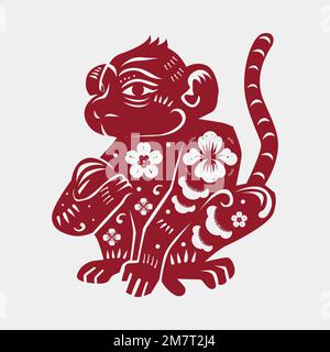 Chinesische Affen Tier Vektor Aufkleber rot Neujahr Illustration Stock Vektor