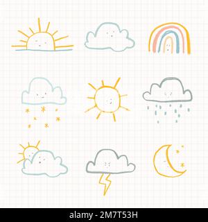 Wolken Wetter Tagebuch Aufkleber Vektor niedlich Doodle Set für Kinder Stock Vektor