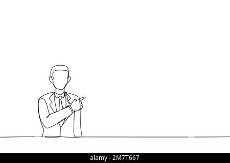Zeichentrickfilm eines Geschäftsmanns, der Raum zeigt. Einteilige, durchgehende Strichart Stock Vektor