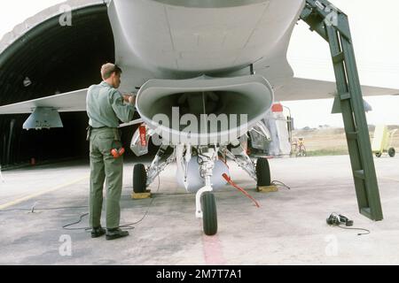 Ein Bodenpersonal führt Wartungsarbeiten an einem F-16-Kampfflugzeug gegen Falcon durch, während ein Spezialist im Inneren des Einlasses arbeitet. Das Flugzeug ist dem 8. Taktischen Kampfflugflügel zugewiesen. Basis: Land des Luftwaffenstützpunkts Kunsan: Republik Korea (KOR) Stockfoto