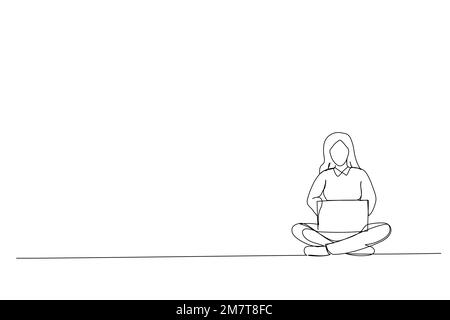 Zeichentrickfilm einer glücklichen Frau in zwangloser Atmosphäre, die in Lotus-Pose auf dem Boden sitzt und Laptop-One-Line-Kunst in der Hand hält Stock Vektor